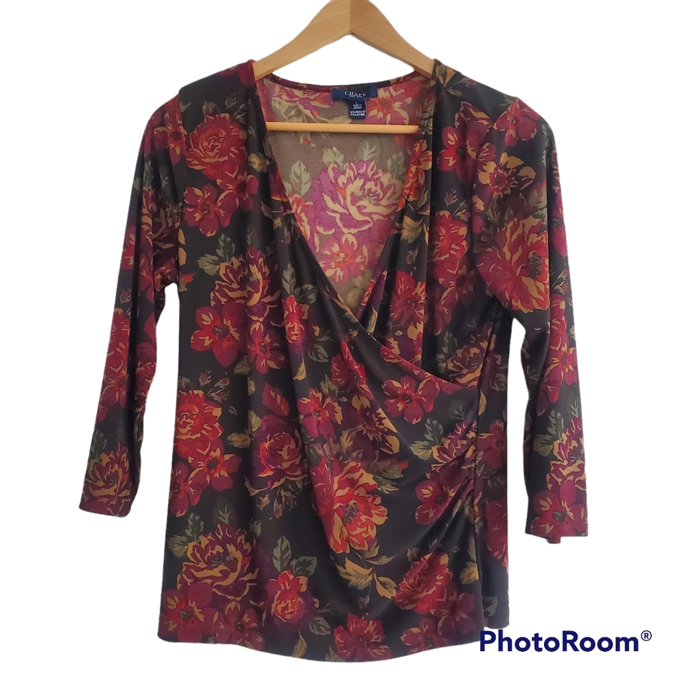 CHAPS 3/4 Sleeve Blouse Brown with Dark Red Flowers Size Large
